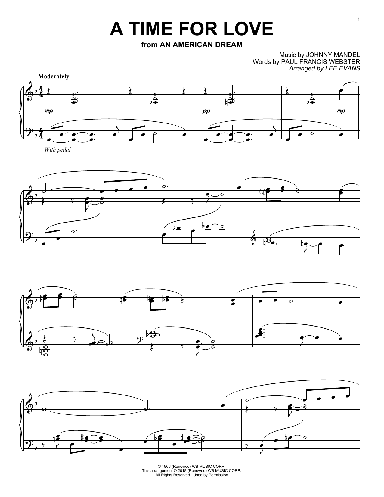 Johnny Mandel A Time For Love (from An American Dream) (arr. Lee Evans) sheet music notes and chords arranged for Piano Solo