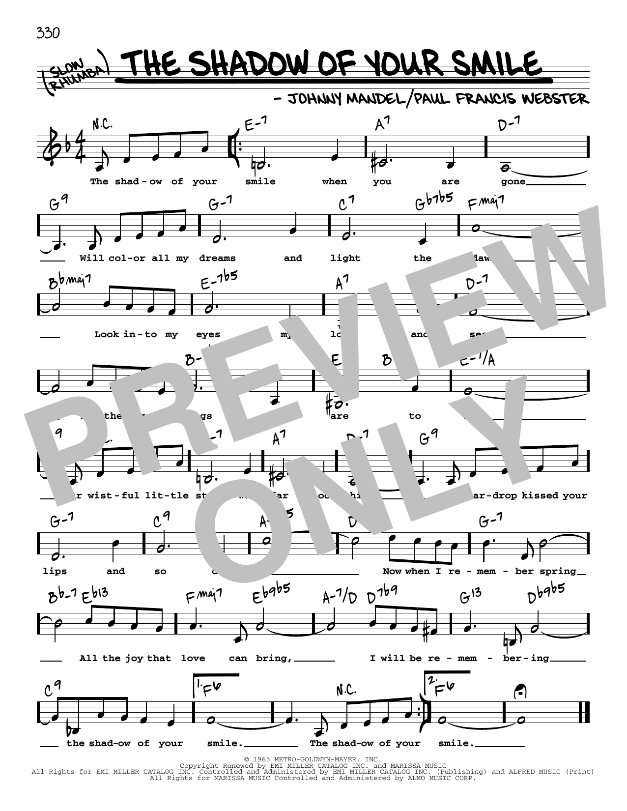 Johnny Mandel and Paul Francis Webster The Shadow Of Your Smile (Low Voice) sheet music notes and chords arranged for Real Book – Melody, Lyrics & Chords