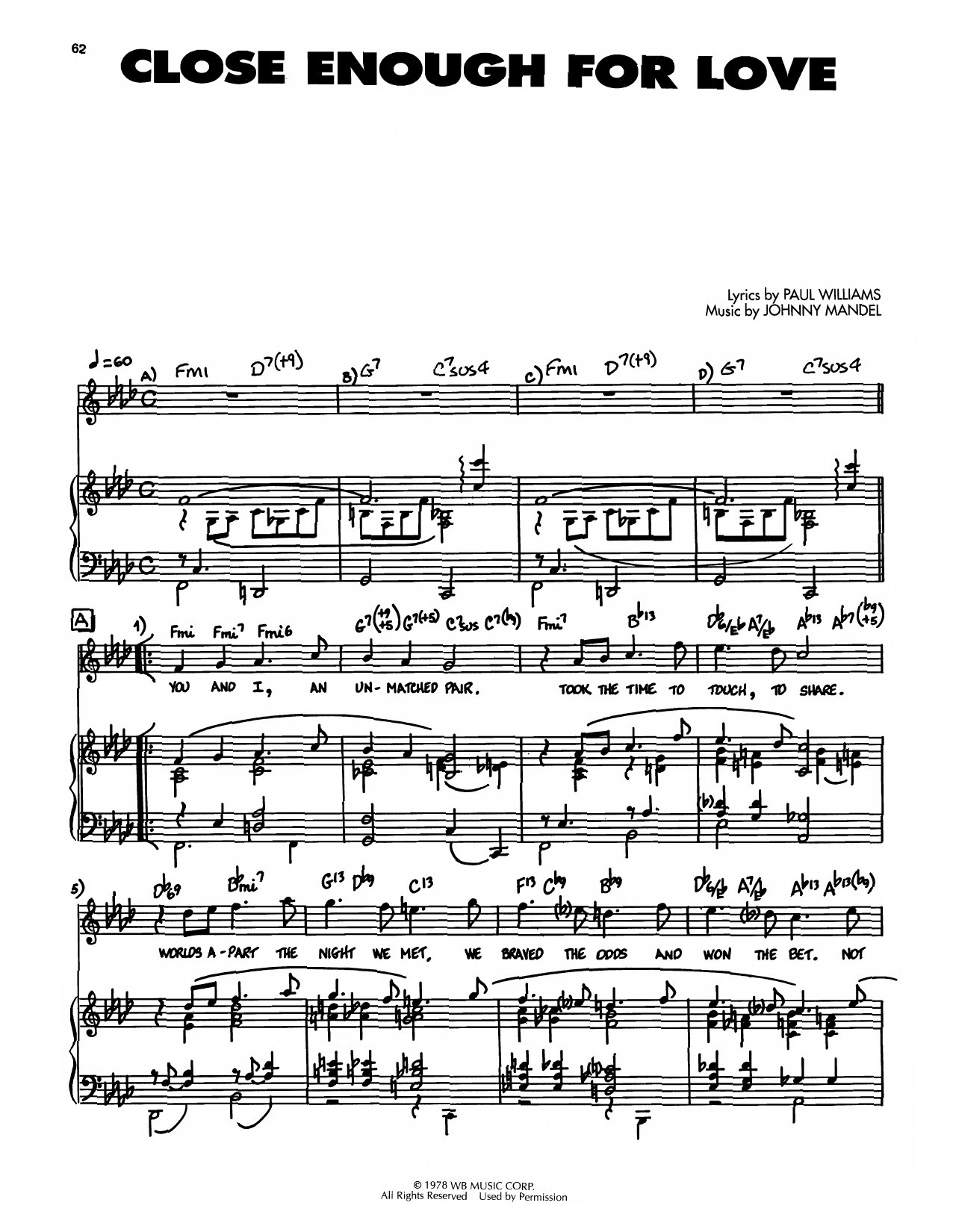 Johnny Mandel Close Enough For Love sheet music notes and chords arranged for Piano, Vocal & Guitar Chords (Right-Hand Melody)