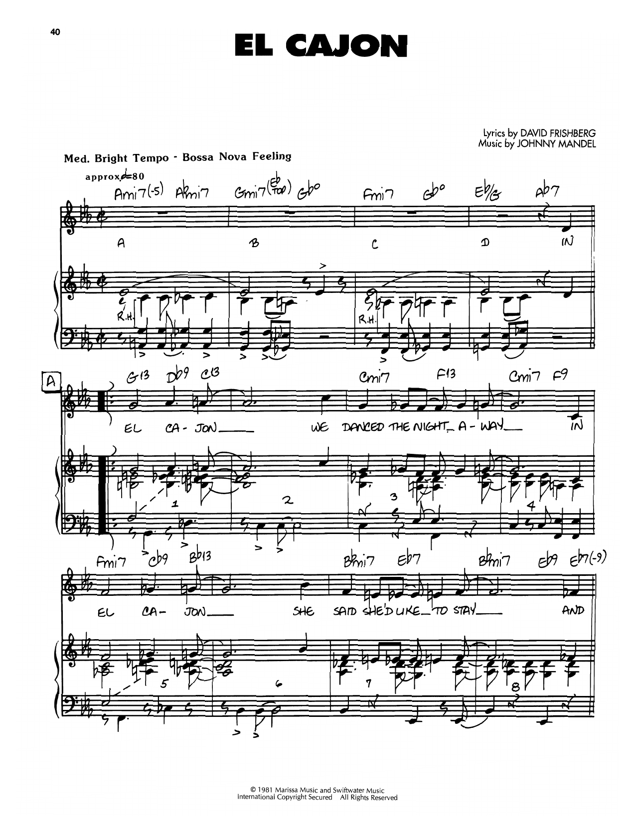 Johnny Mandel El Cajon sheet music notes and chords arranged for Piano, Vocal & Guitar Chords (Right-Hand Melody)