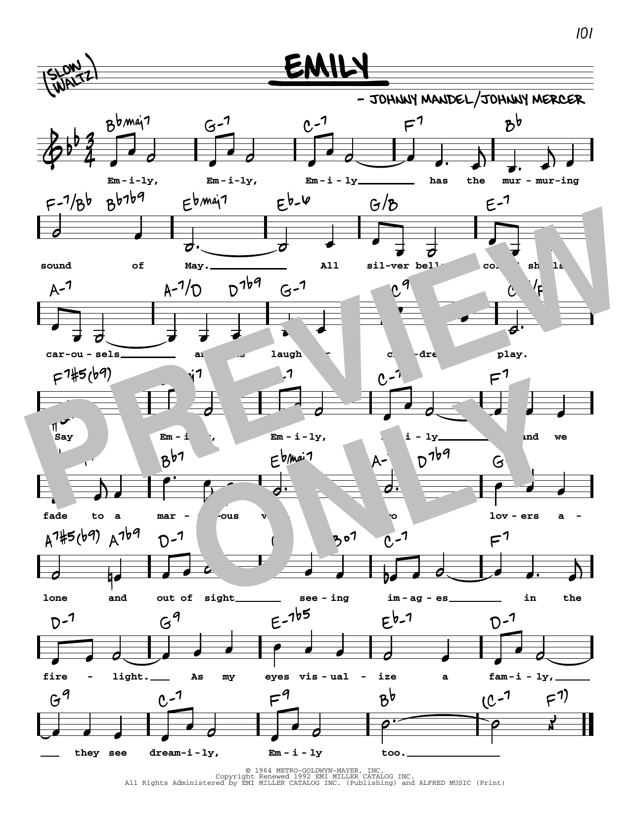 Johnny Mandel Emily (Low Voice) sheet music notes and chords arranged for Real Book – Melody, Lyrics & Chords