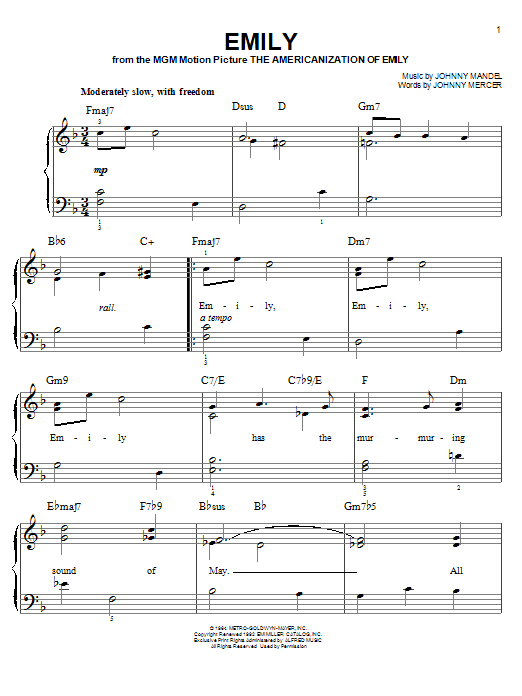 Johnny Mandel Emily sheet music notes and chords arranged for Piano, Vocal & Guitar Chords (Right-Hand Melody)