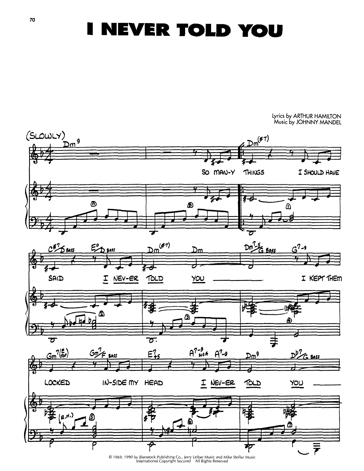 Johnny Mandel I Never Told You sheet music notes and chords arranged for Piano, Vocal & Guitar Chords (Right-Hand Melody)