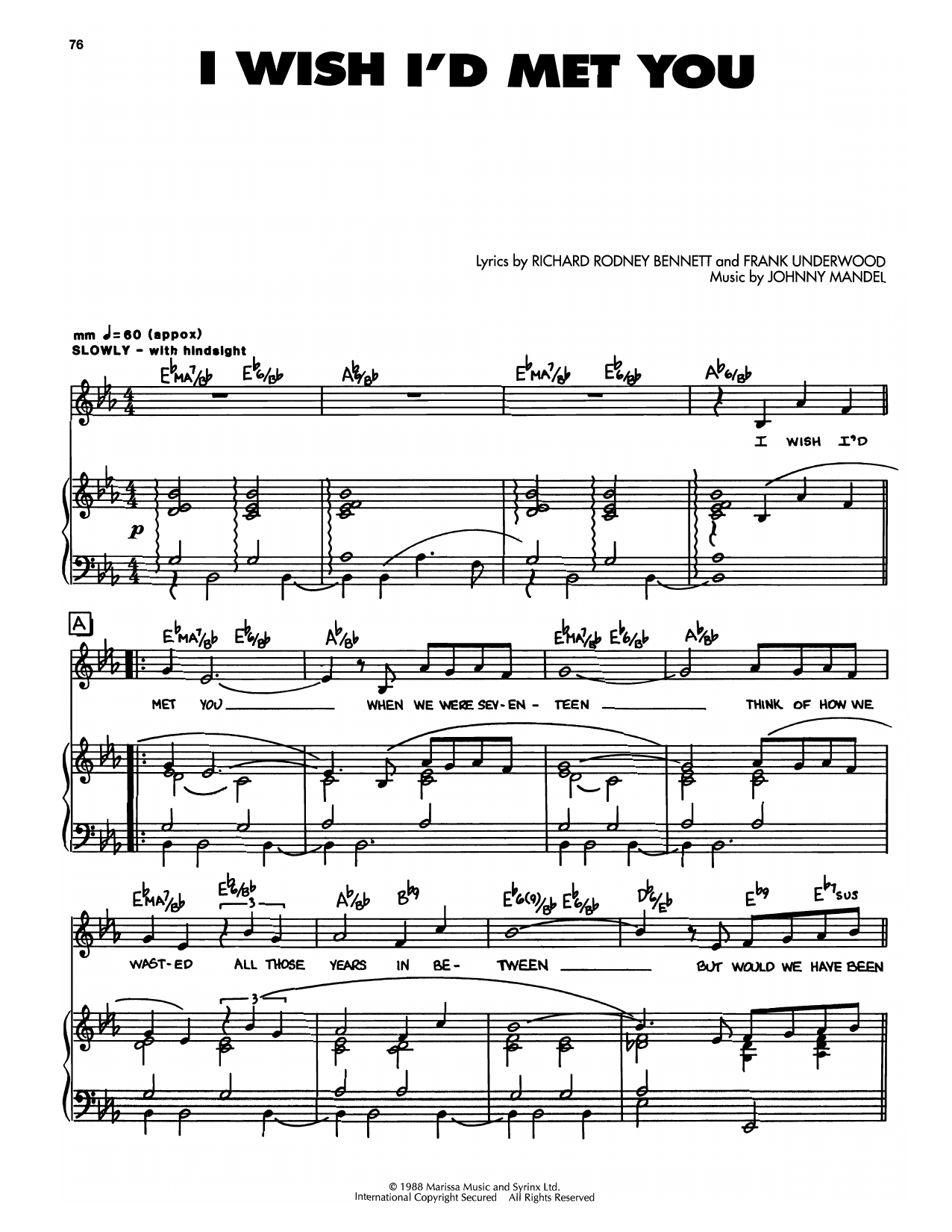 Johnny Mandel I Wish I'd Met You sheet music notes and chords arranged for Piano, Vocal & Guitar Chords (Right-Hand Melody)