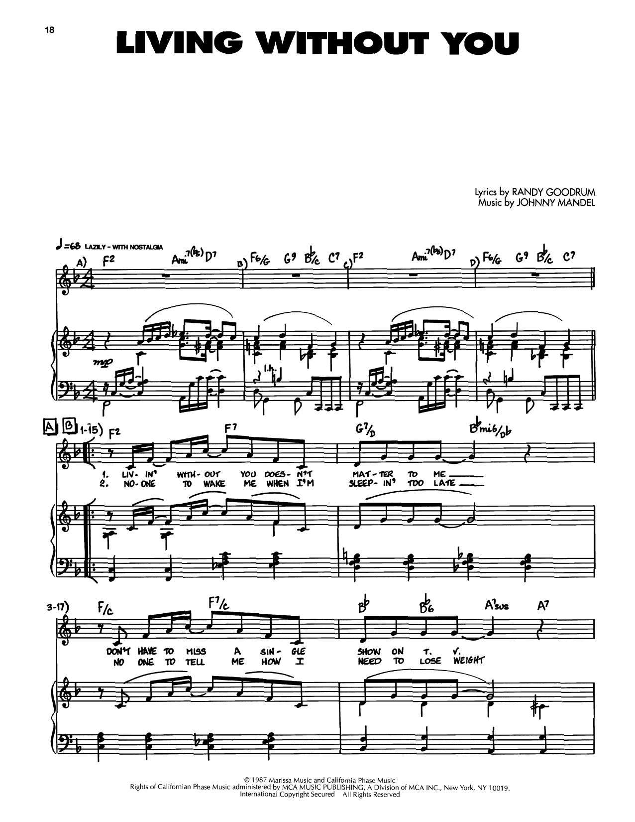 Johnny Mandel Living Without You sheet music notes and chords arranged for Piano, Vocal & Guitar Chords (Right-Hand Melody)