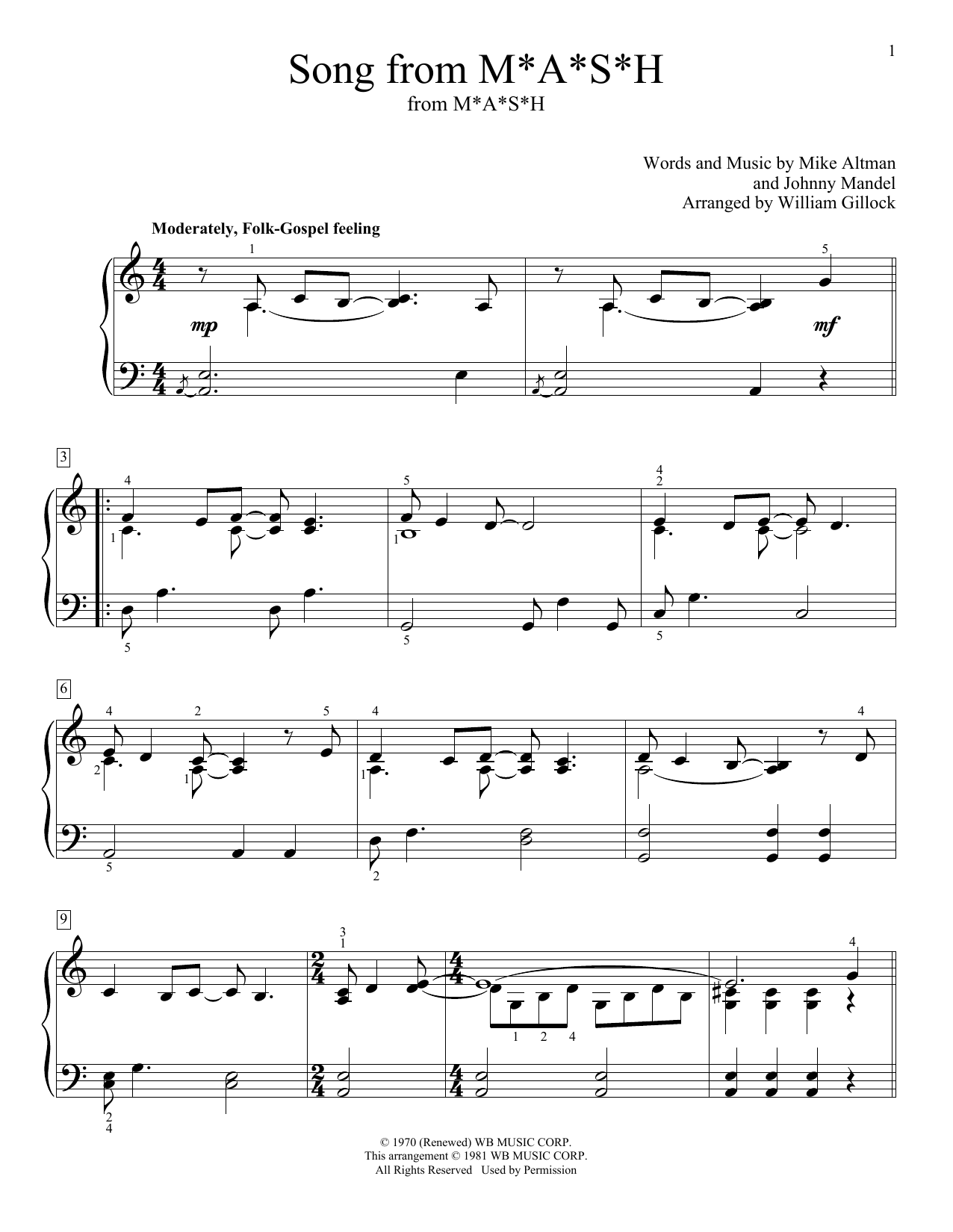 Johnny Mandel Song From M*A*S*H (Suicide Is Painless) (arr. William Gillock) sheet music notes and chords arranged for Educational Piano