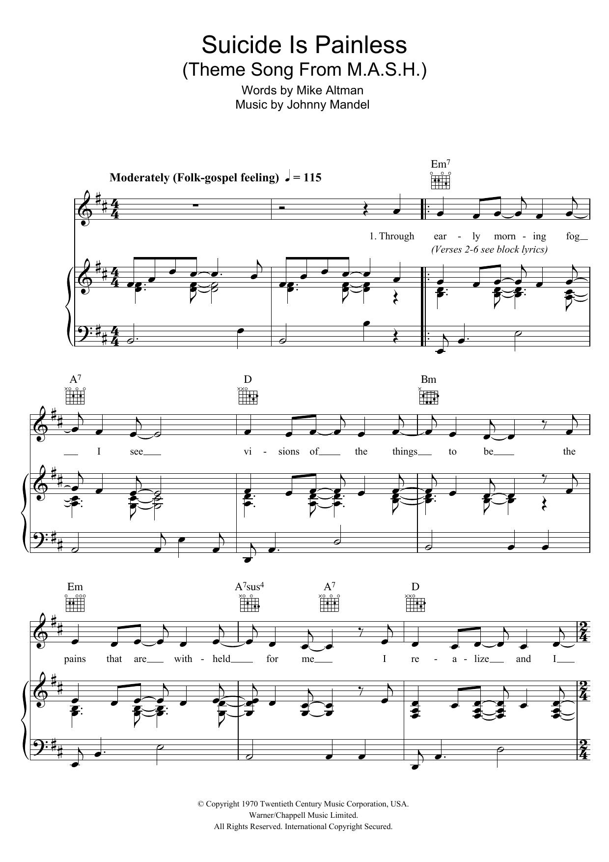 Johnny Mandel Song From M*A*S*H (Suicide Is Painless) sheet music notes and chords arranged for Piano, Vocal & Guitar Chords (Right-Hand Melody)