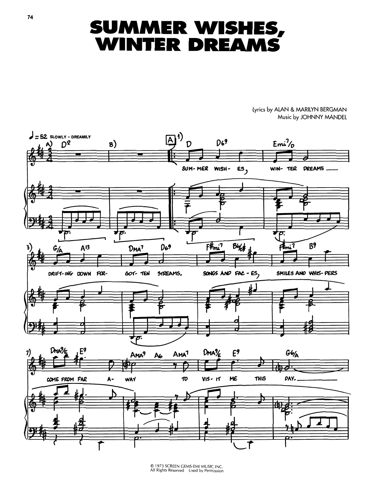 Johnny Mandel Summer Wishes, Winter Dreams sheet music notes and chords arranged for Piano, Vocal & Guitar Chords (Right-Hand Melody)