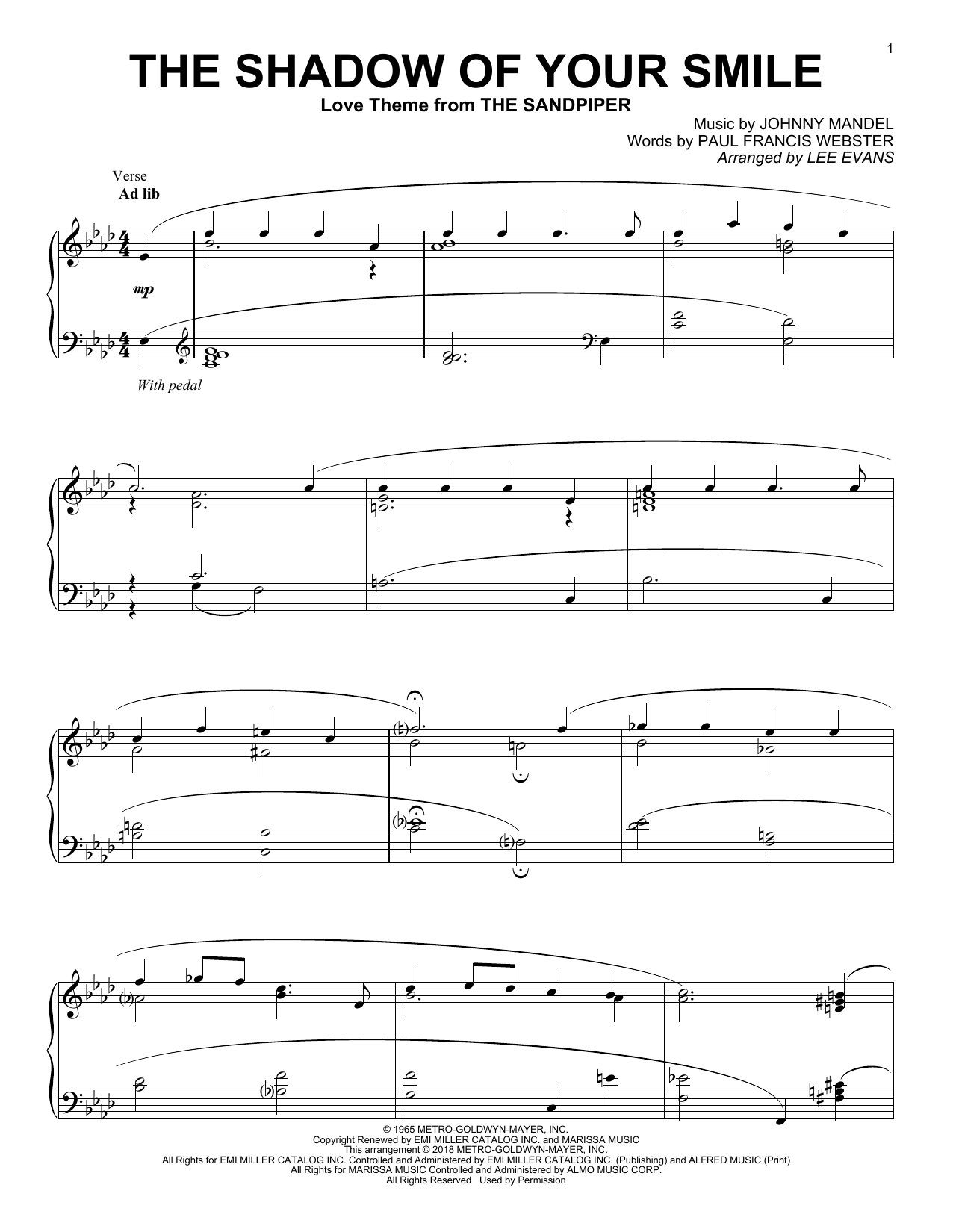 Johnny Mandel The Shadow Of Your Smile (arr. Lee Evans) sheet music notes and chords arranged for Piano Solo