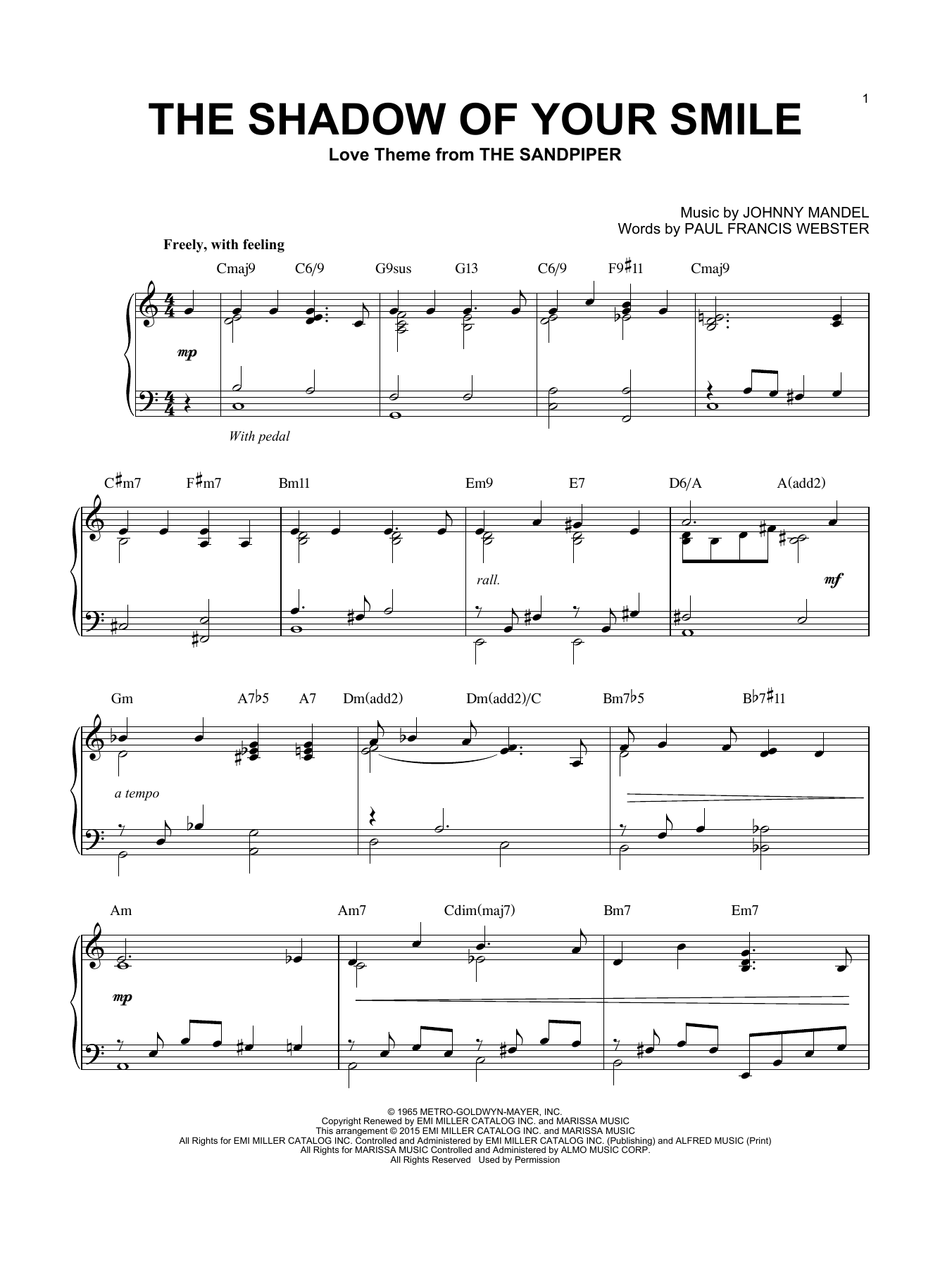 Johnny Mandel The Shadow Of Your Smile [Jazz version] (arr. Brent Edstrom) sheet music notes and chords arranged for Piano Solo