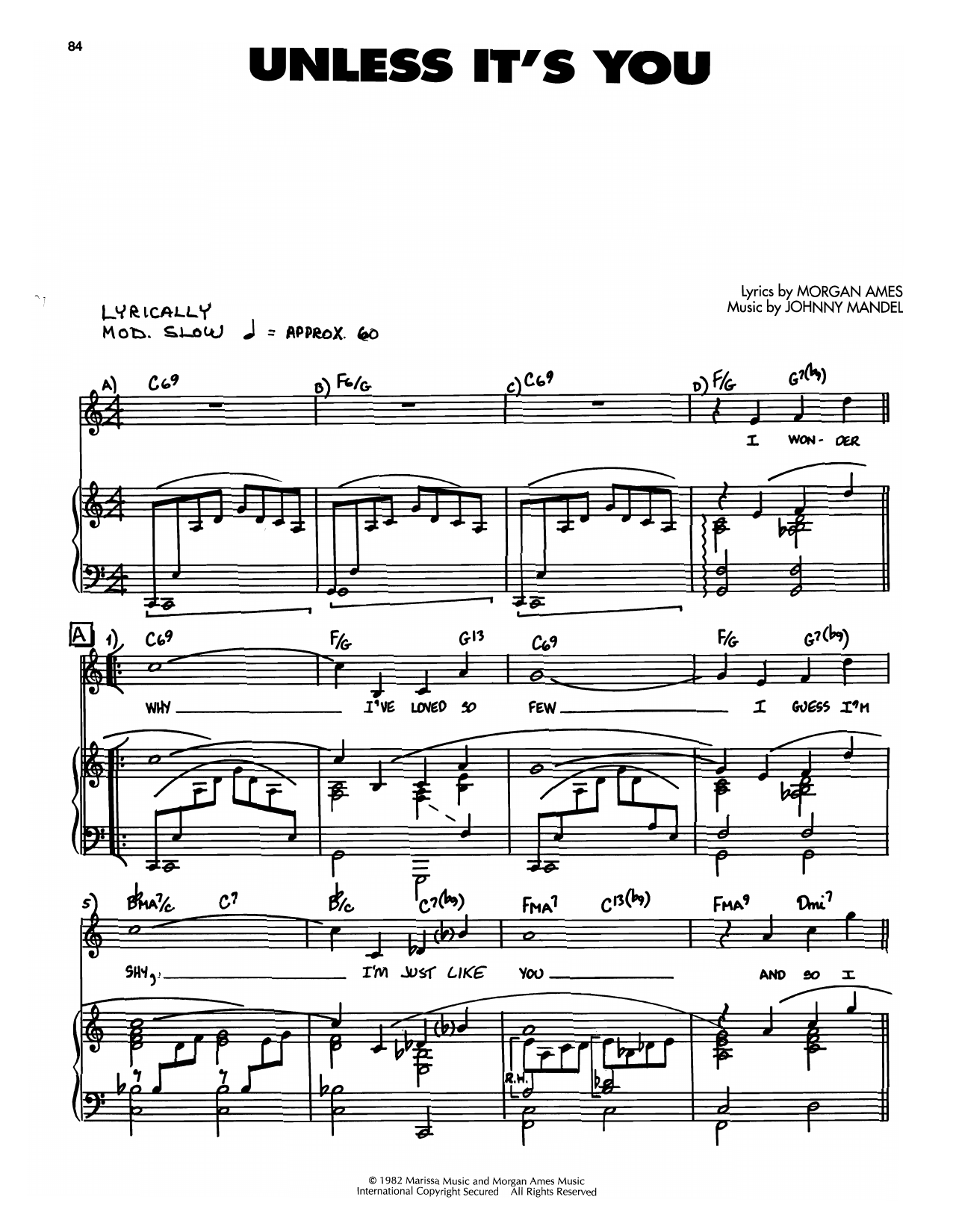 Johnny Mandel Unless It's You sheet music notes and chords arranged for Piano, Vocal & Guitar Chords (Right-Hand Melody)