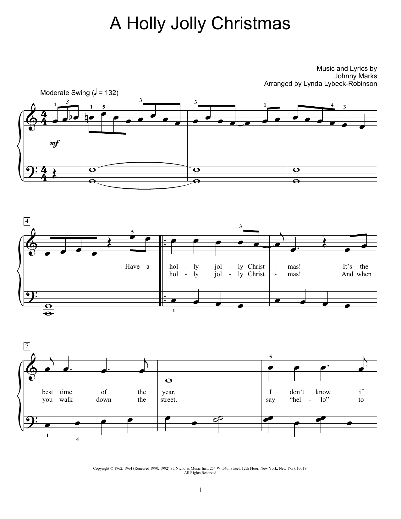 Johnny Marks A Holly Jolly Christmas (arr. Lynda Lybeck-Robinson) sheet music notes and chords arranged for Educational Piano