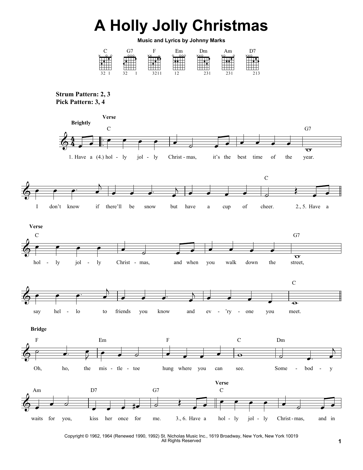 Johnny Marks A Holly Jolly Christmas sheet music notes and chords arranged for Easy Guitar Tab