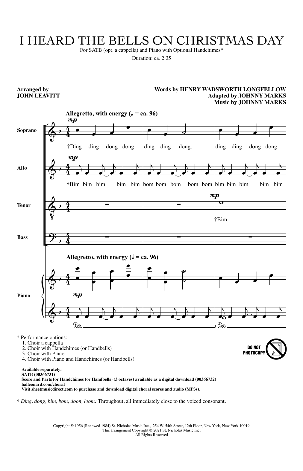 Johnny Marks I Heard The Bells On Christmas Day (arr. John Leavitt) sheet music notes and chords arranged for SATB Choir