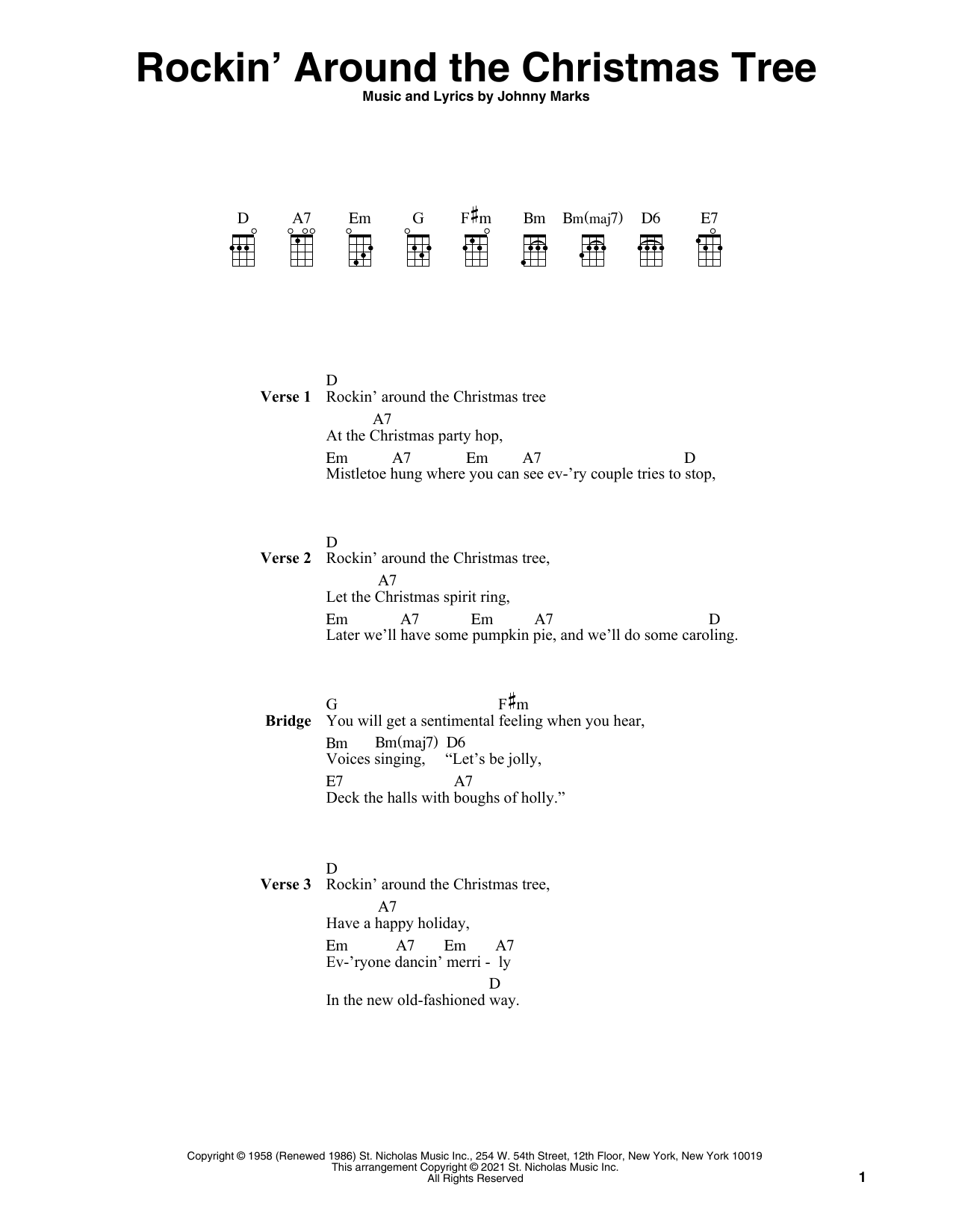 Johnny Marks Rockin' Around The Christmas Tree (arr. Fred Sokolow) sheet music notes and chords arranged for Ukulele