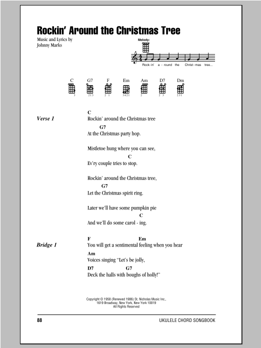 Johnny Marks Rockin' Around The Christmas Tree sheet music notes and chords arranged for Ukulele