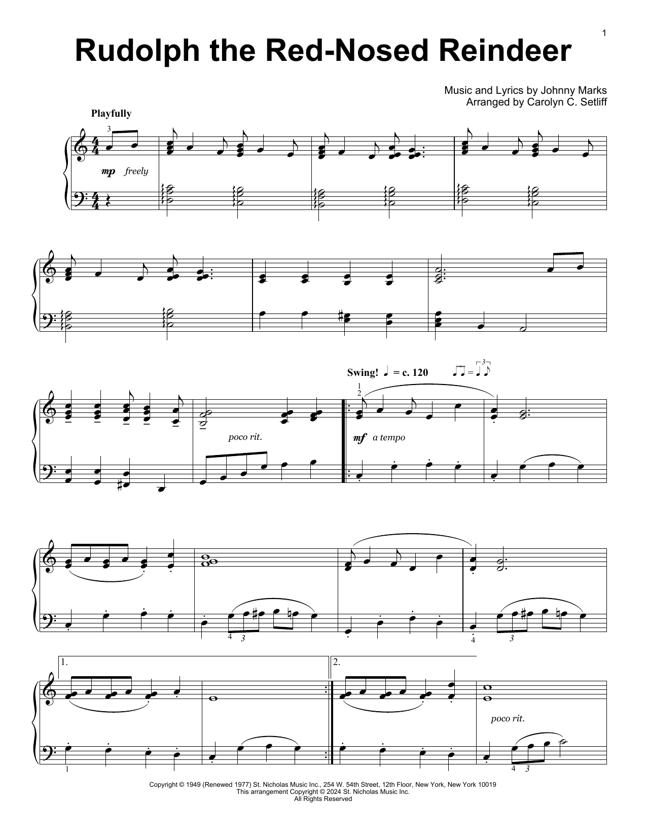 Johnny Marks Rudolph The Red-Nosed Reindeer (arr. Carolyn C. Setliff) sheet music notes and chords arranged for Educational Piano