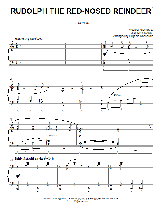 Johnny Marks Rudolph The Red-Nosed Reindeer (arr. Eugenie Rocherolle) sheet music notes and chords arranged for Piano Duet
