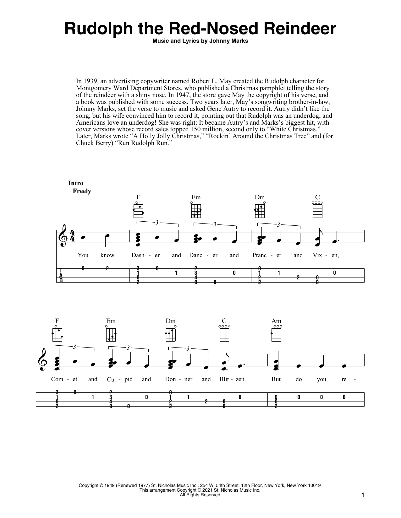 Johnny Marks Rudolph The Red-Nosed Reindeer (arr. Fred Sokolow) sheet music notes and chords arranged for Ukulele