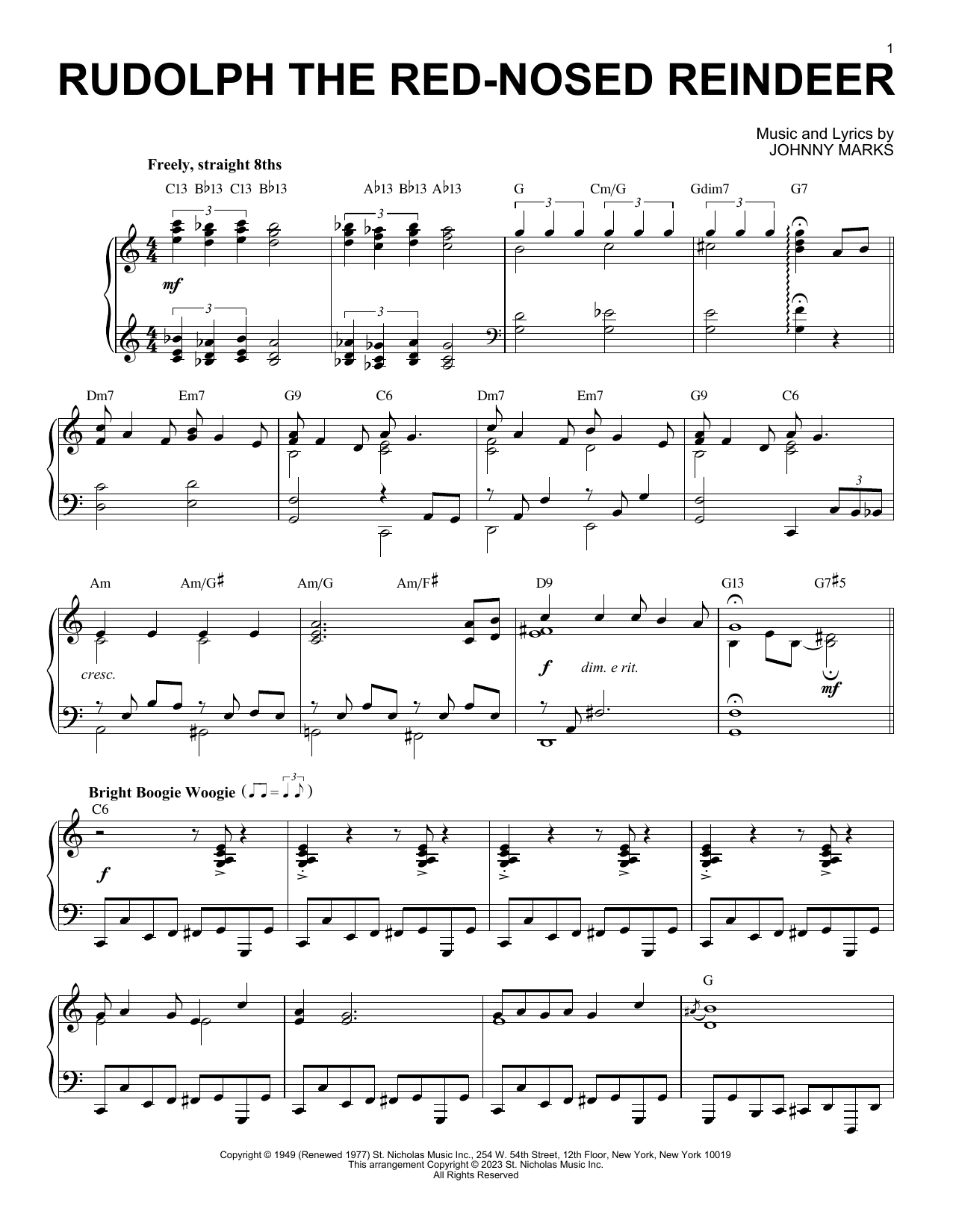 Johnny Marks Rudolph The Red-Nosed Reindeer [Boogie Woogie version] (arr. Brent Edstrom) sheet music notes and chords arranged for Piano Solo