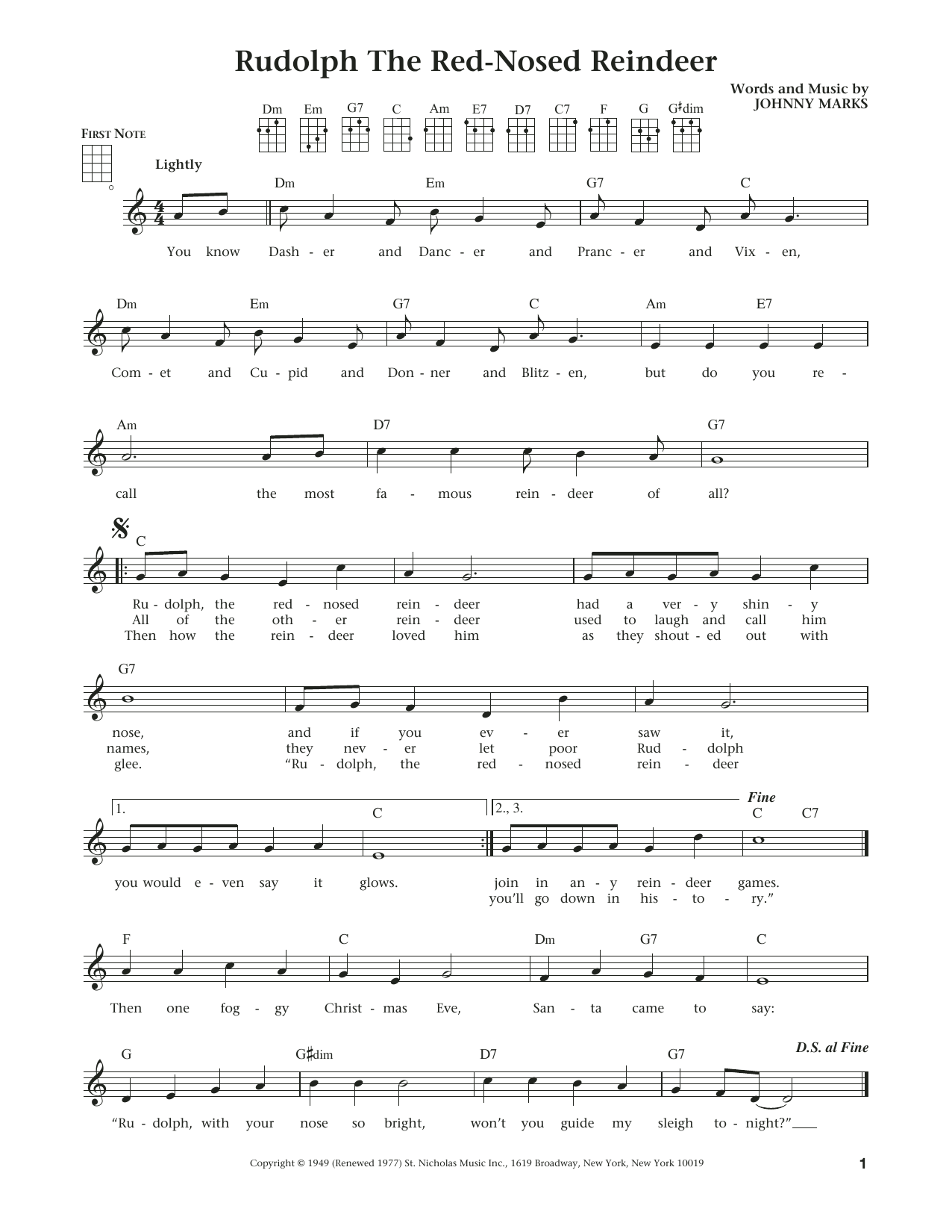 Johnny Marks Rudolph The Red-Nosed Reindeer (from The Daily Ukulele) (arr. Liz and Jim Beloff) sheet music notes and chords arranged for Ukulele