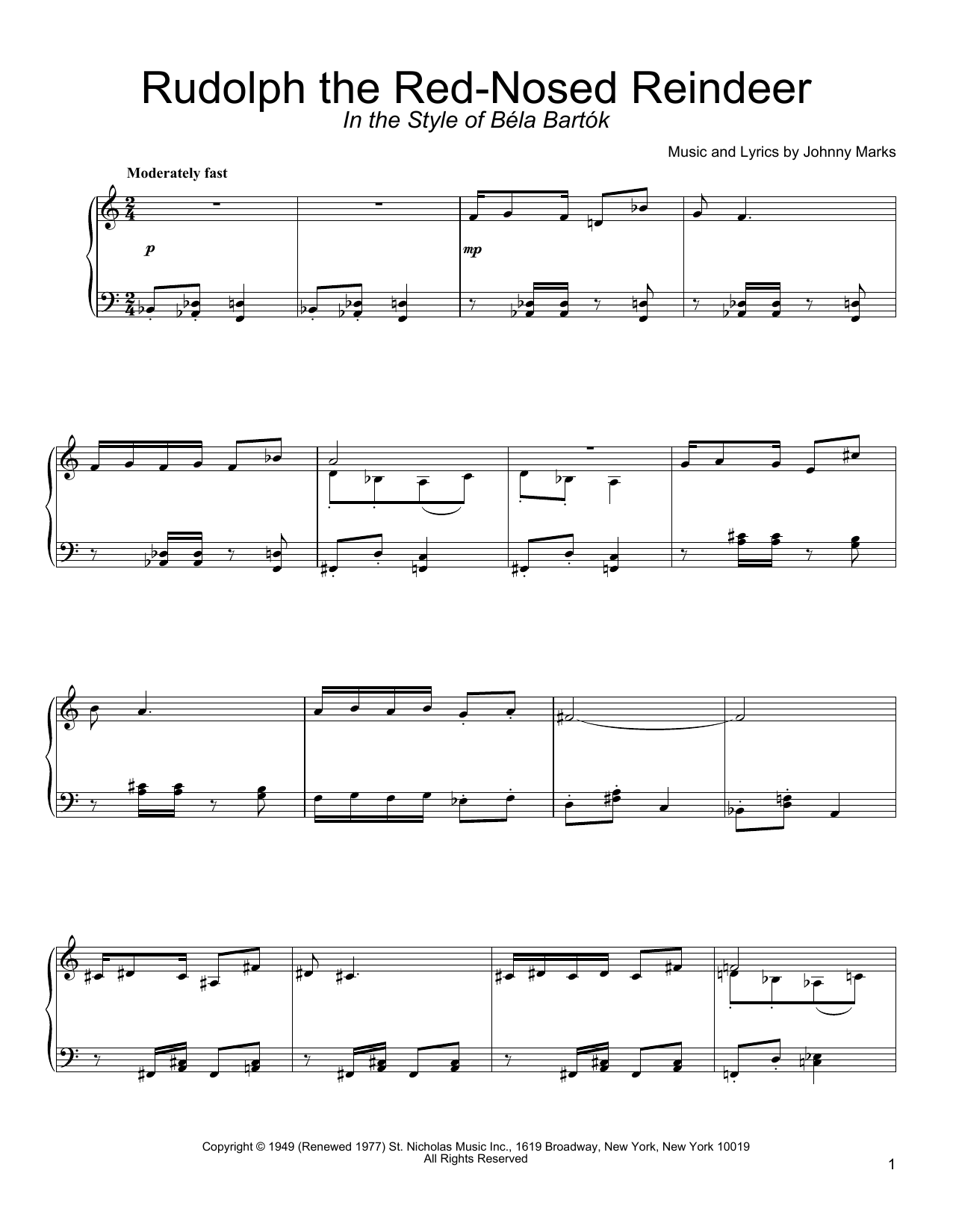 Johnny Marks Rudolph The Red-Nosed Reindeer (in the style of Bela Bartok) (arr. David Pearl) sheet music notes and chords arranged for Piano Solo