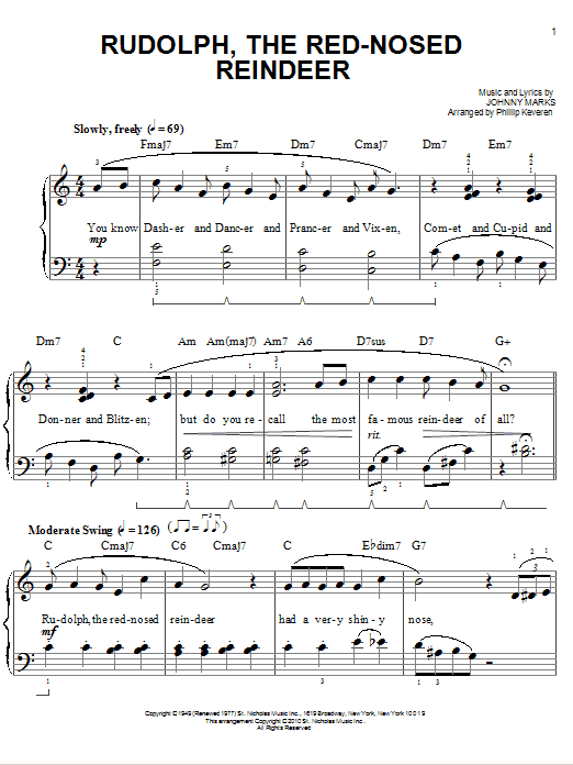 Johnny Marks Rudolph The Red-Nosed Reindeer [Jazz version] (arr. Phillip Keveren) sheet music notes and chords arranged for Easy Piano