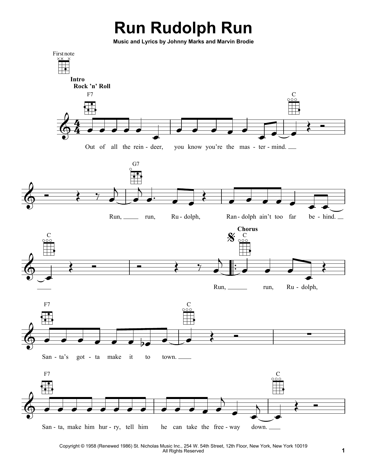 Johnny Marks Run Rudolph Run sheet music notes and chords arranged for Ukulele
