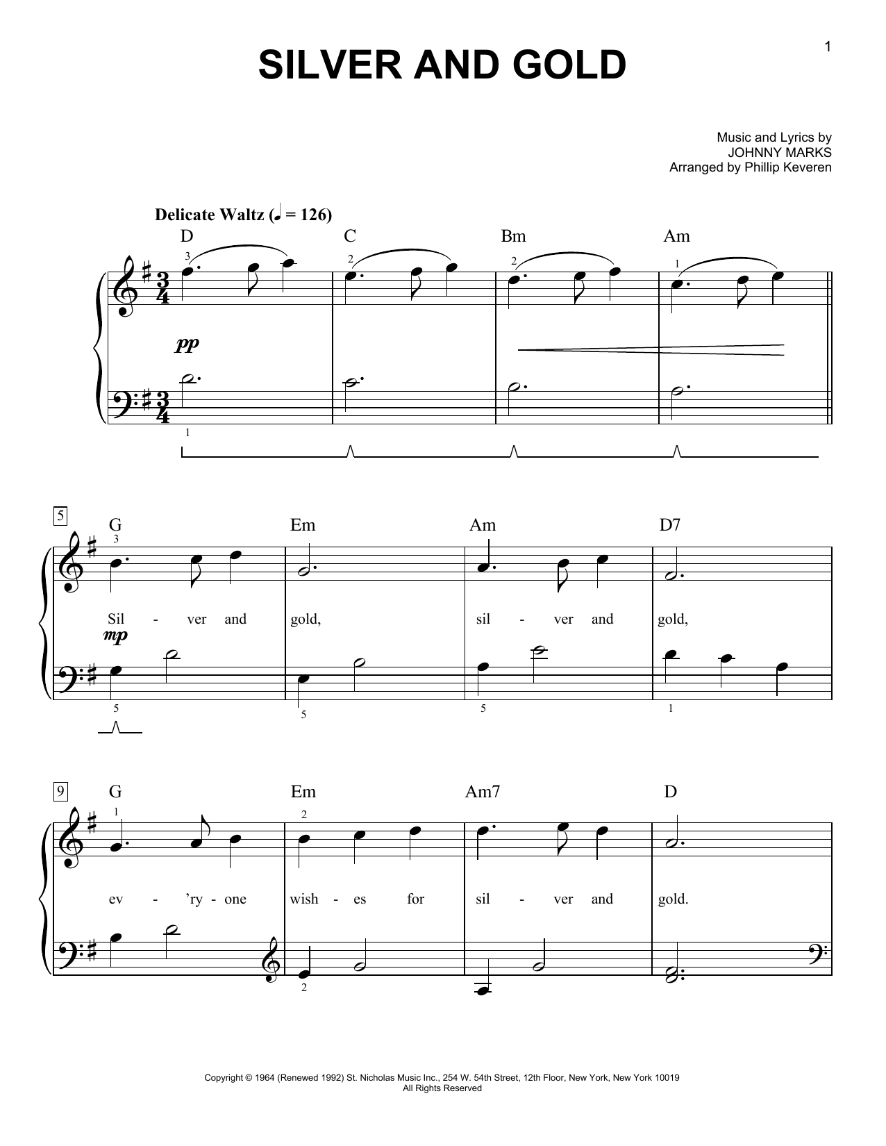 Johnny Marks Silver And Gold (arr. Phillip Keveren) sheet music notes and chords arranged for Easy Piano