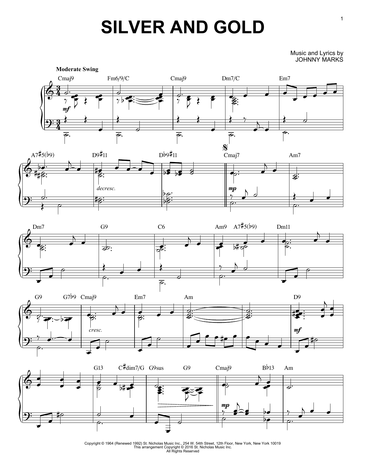 Johnny Marks Silver And Gold [Jazz version] (arr. Brent Edstrom) sheet music notes and chords arranged for Piano Solo