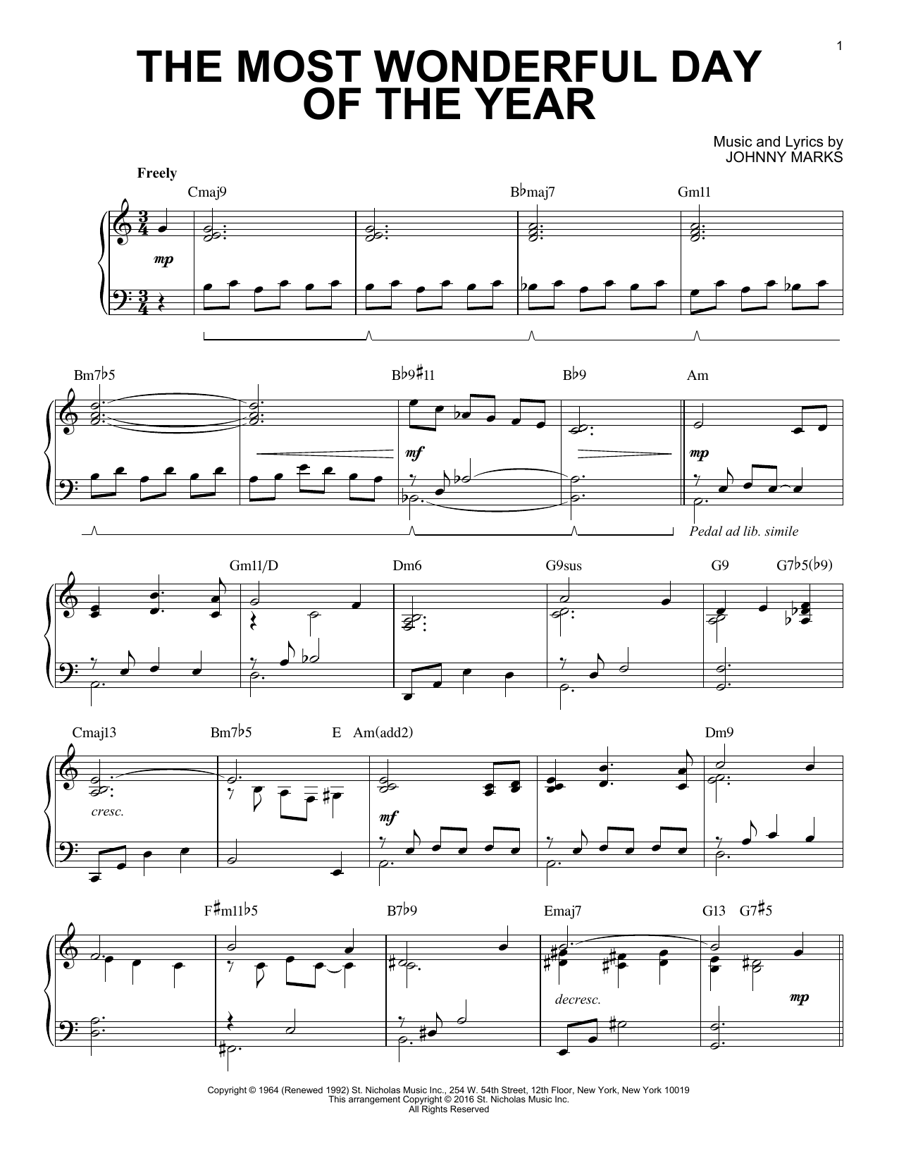 Johnny Marks The Most Wonderful Day Of The Year [Jazz version] (arr. Brent Edstrom) sheet music notes and chords arranged for Piano Solo