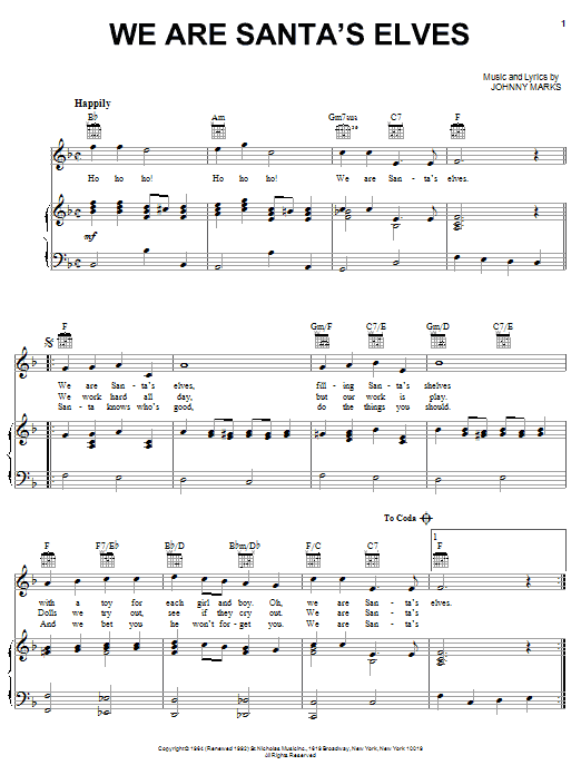Johnny Marks We Are Santa's Elves sheet music notes and chords arranged for Piano, Vocal & Guitar Chords (Right-Hand Melody)