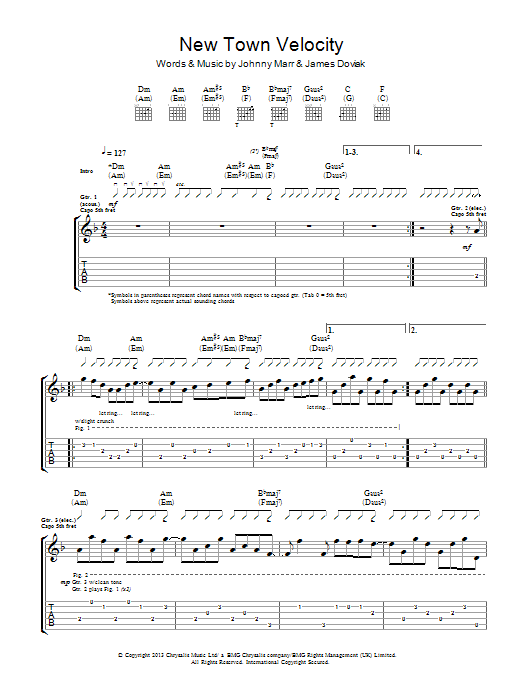 Johnny Marr New Town Velocity sheet music notes and chords arranged for Guitar Tab