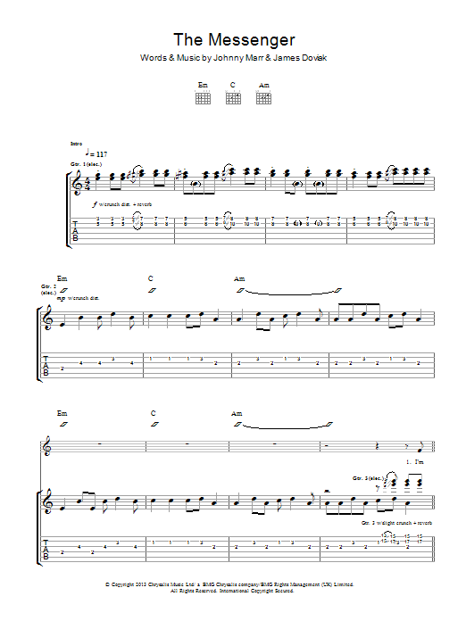Johnny Marr The Messenger sheet music notes and chords arranged for Guitar Tab