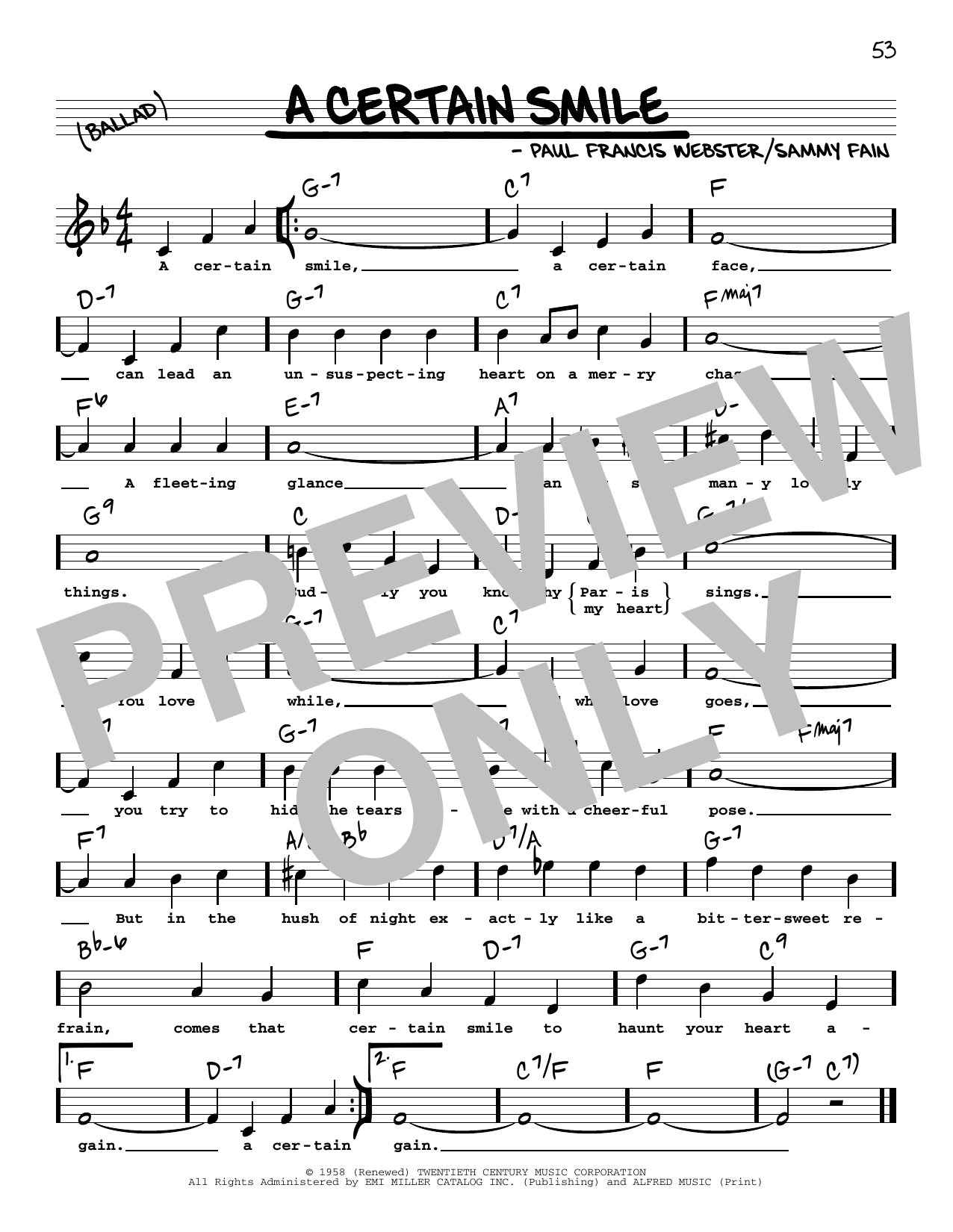 Johnny Mathis A Certain Smile (High Voice) sheet music notes and chords arranged for Real Book – Melody, Lyrics & Chords