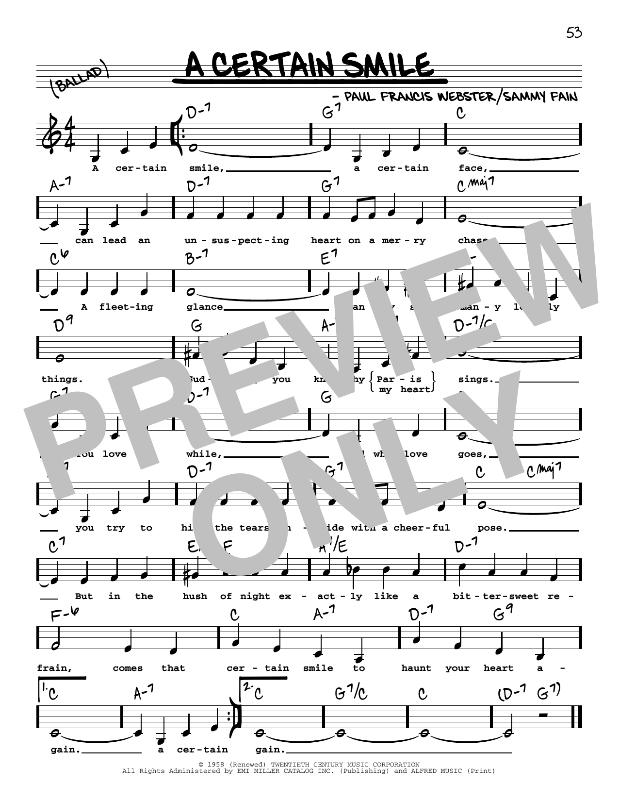Johnny Mathis A Certain Smile (Low Voice) sheet music notes and chords arranged for Real Book – Melody, Lyrics & Chords