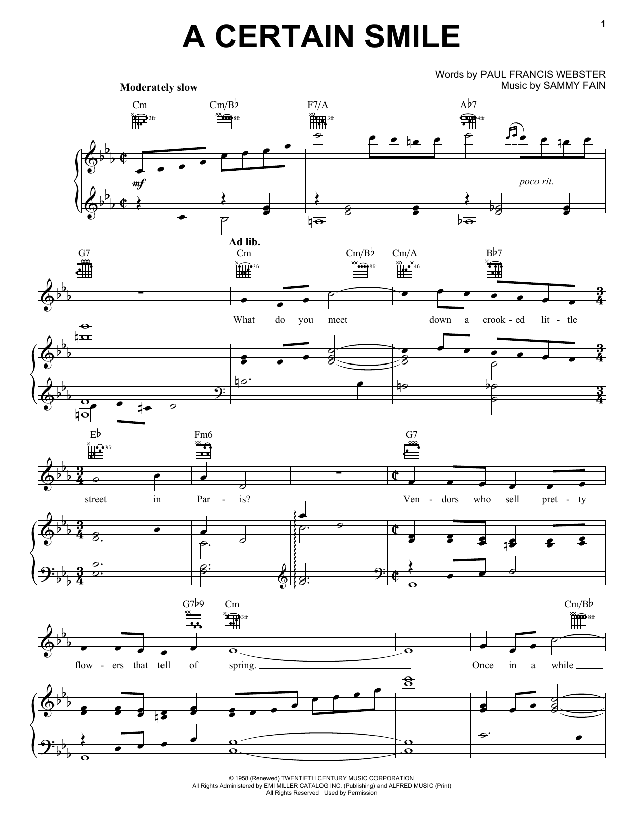 Johnny Mathis A Certain Smile sheet music notes and chords arranged for Piano, Vocal & Guitar Chords (Right-Hand Melody)