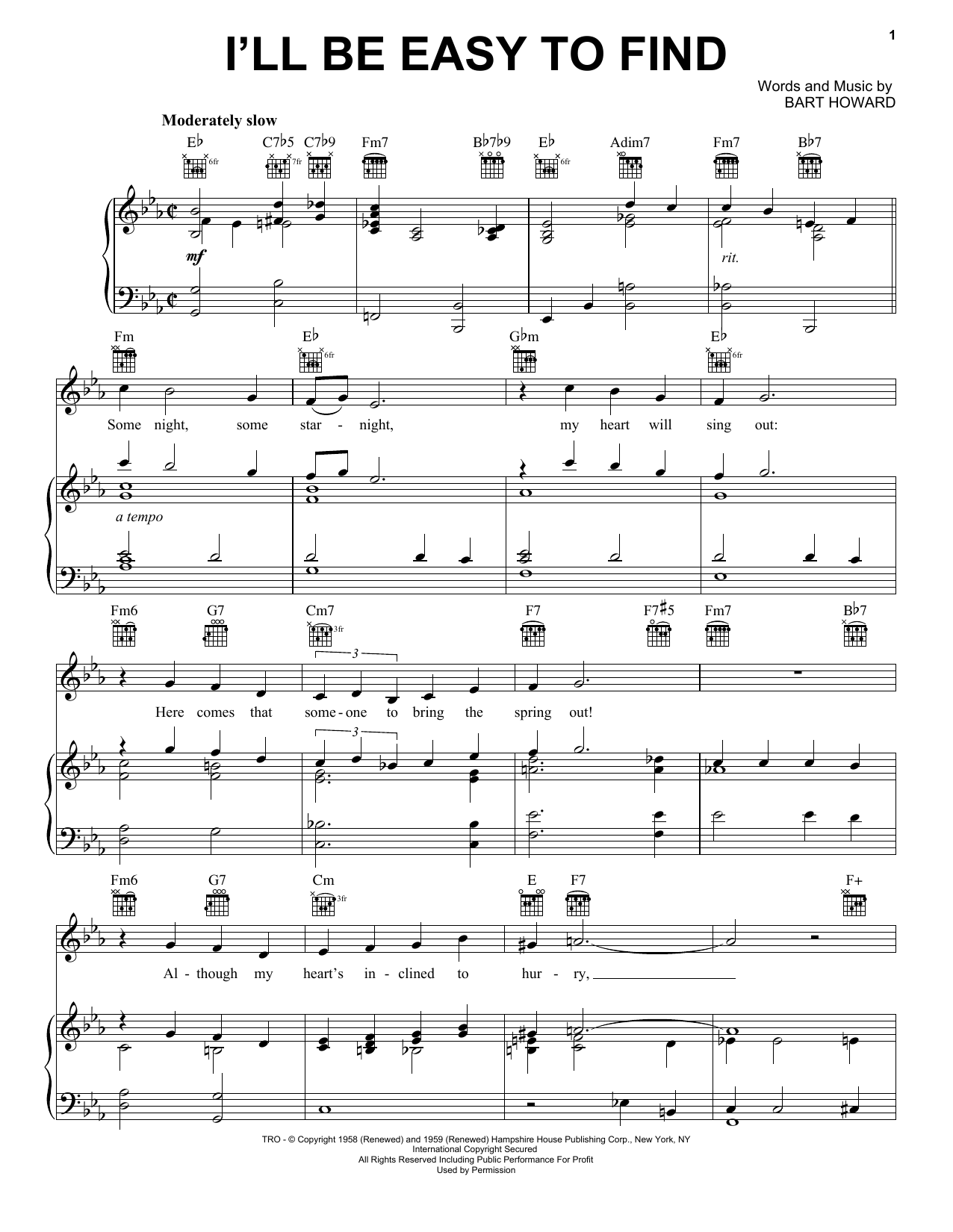Johnny Mathis I'll Be Easy To Find sheet music notes and chords arranged for Piano, Vocal & Guitar Chords (Right-Hand Melody)