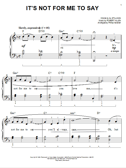 Johnny Mathis It's Not For Me To Say (arr. Phillip Keveren) sheet music notes and chords arranged for Easy Piano