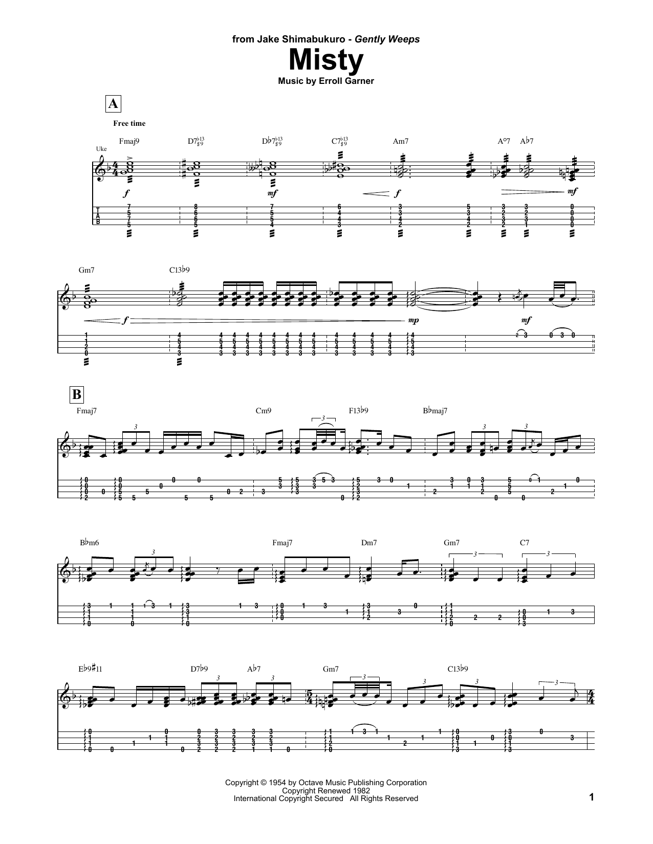 Johnny Mathis Misty (arr. Jake Shimabukuro) sheet music notes and chords arranged for Ukulele Tab