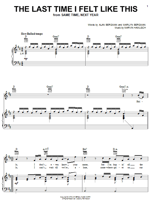 Johnny Mathis The Last Time I Felt Like This sheet music notes and chords arranged for Piano, Vocal & Guitar Chords (Right-Hand Melody)