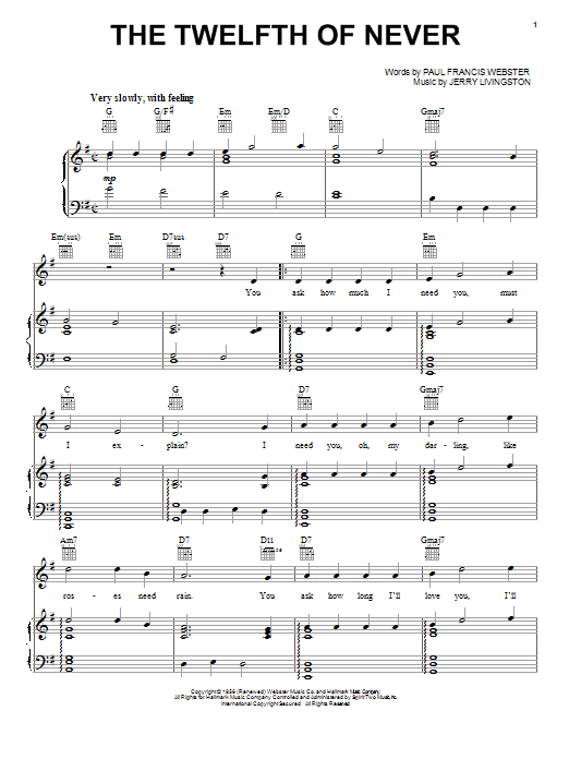Johnny Mathis The Twelfth Of Never sheet music notes and chords arranged for Ukulele Chords/Lyrics