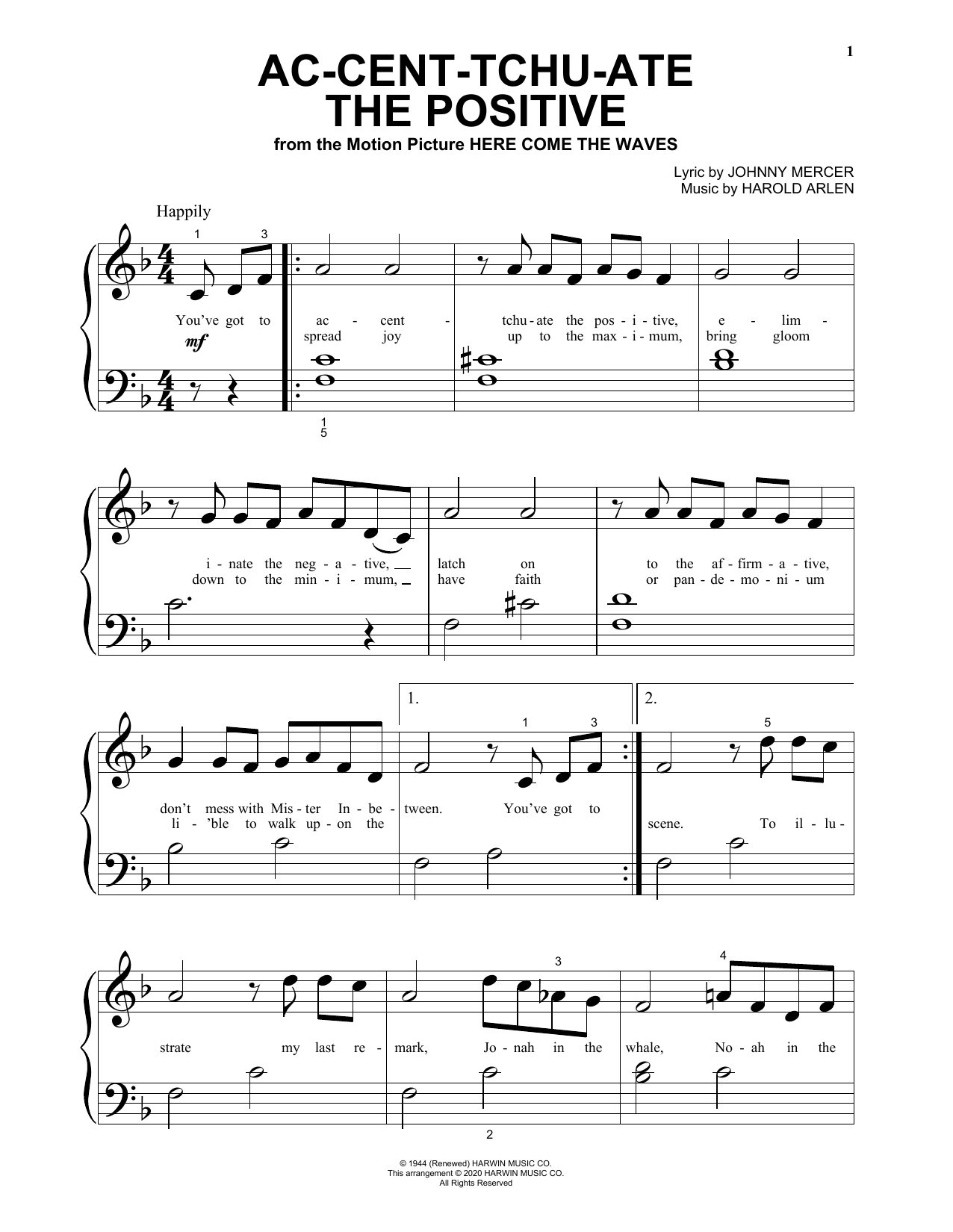 Johnny Mercer & Harold Arlen Ac-cent-tchu-ate The Positive (from Here Come the Waves) sheet music notes and chords arranged for Beginning Piano Solo