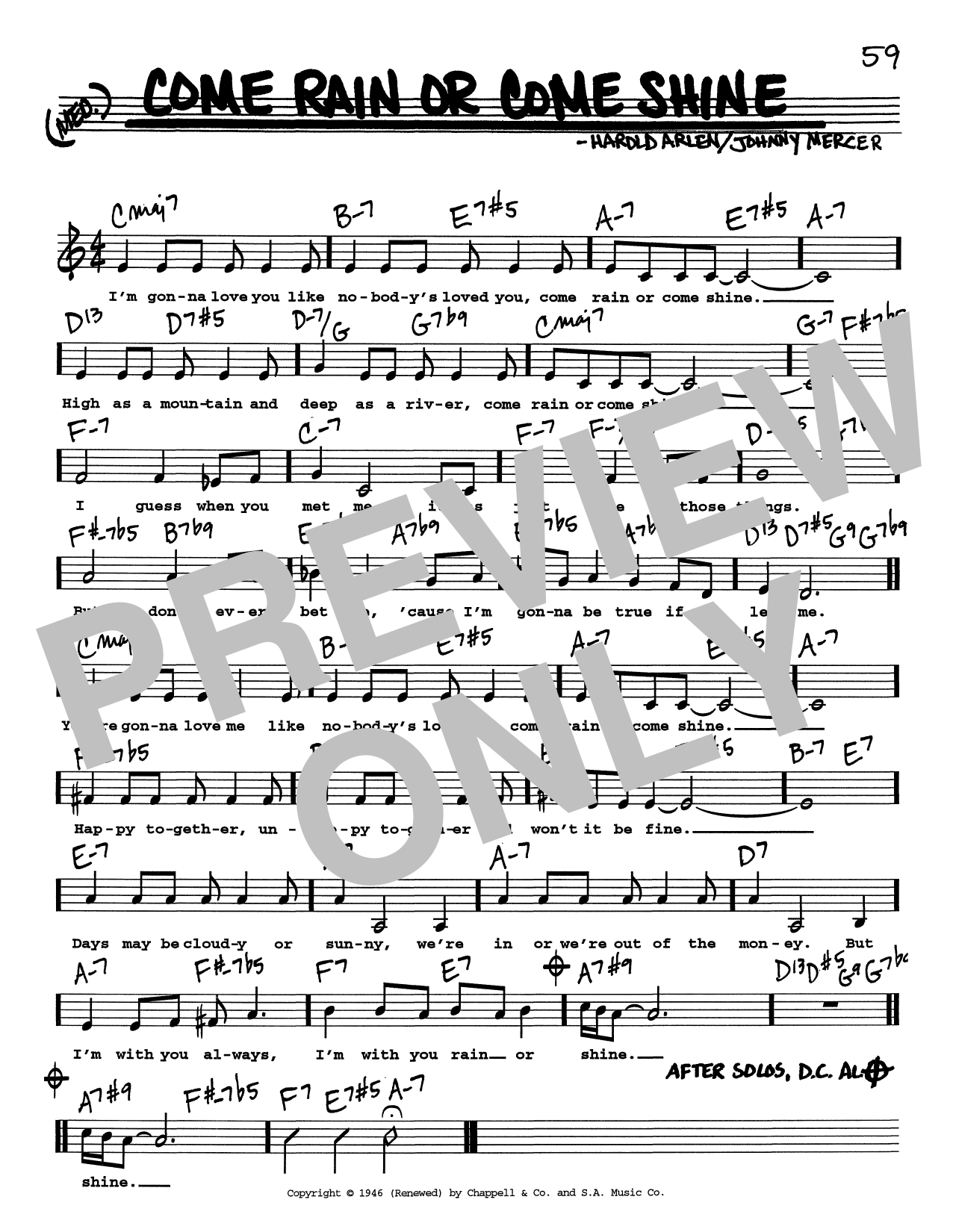Johnny Mercer & Harold Arlen Come Rain Or Come Shine (Low Voice) sheet music notes and chords arranged for Real Book – Melody, Lyrics & Chords