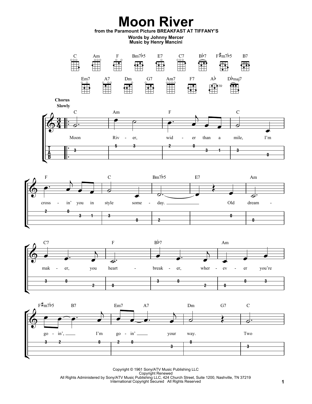 Johnny Mercer & Henry Mancini Moon River sheet music notes and chords arranged for Easy Ukulele Tab