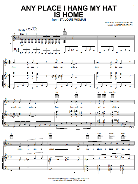 Johnny Mercer Any Place I Hang My Hat Is Home sheet music notes and chords arranged for Piano, Vocal & Guitar Chords (Right-Hand Melody)
