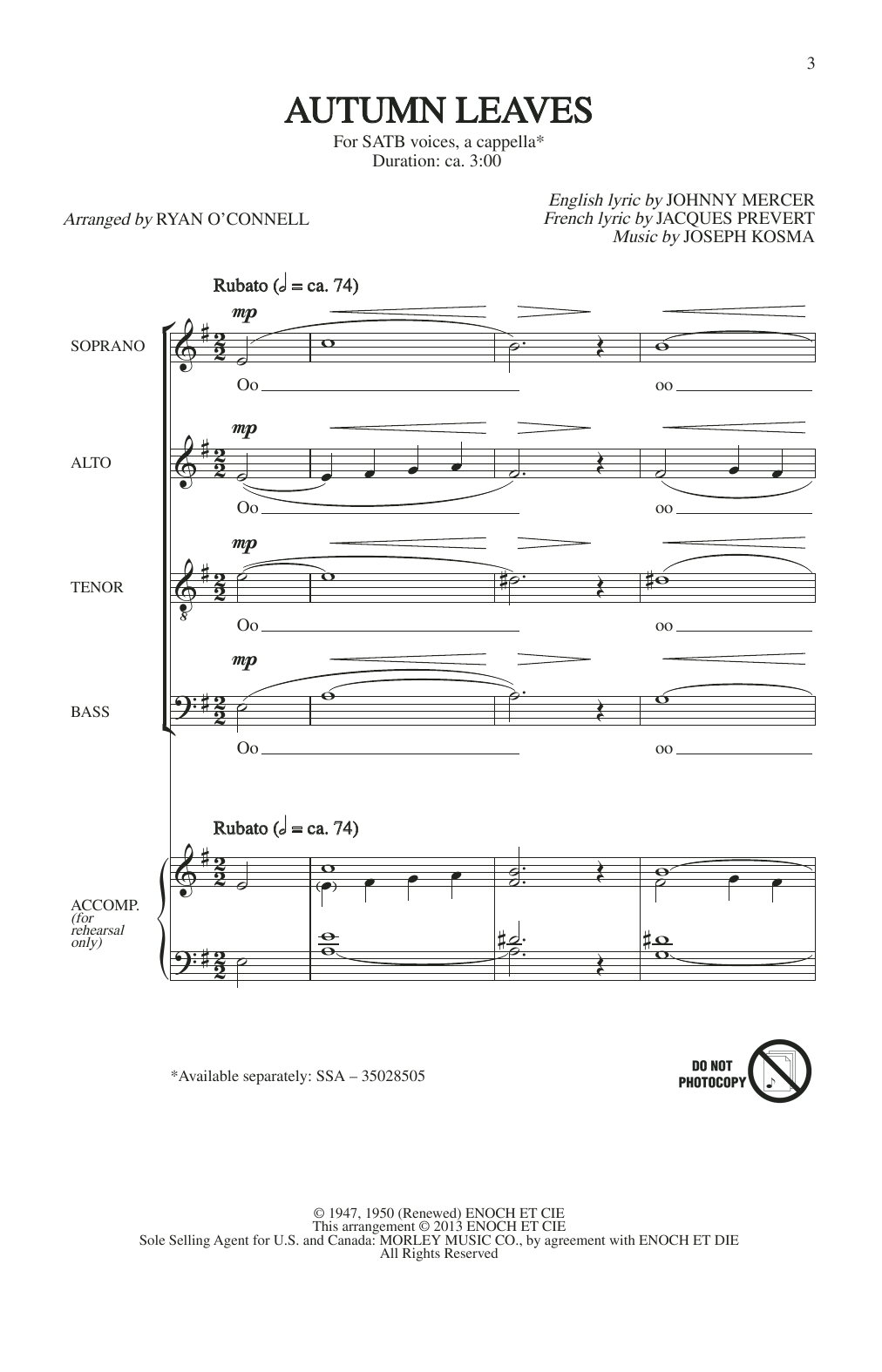 Johnny Mercer Autumn Leaves (arr. Ryan O'Connell) sheet music notes and chords arranged for SSA Choir