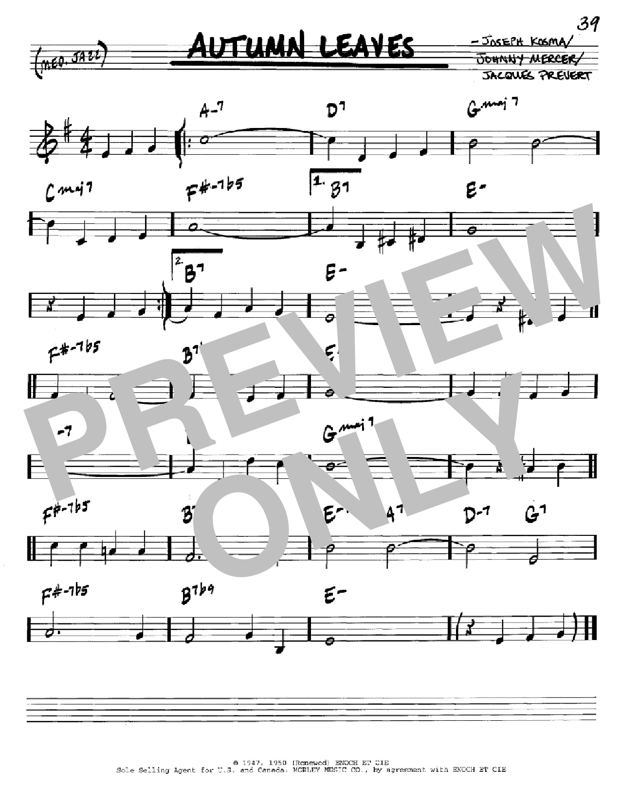 Johnny Mercer Autumn Leaves sheet music notes and chords arranged for Real Book – Melody & Chords – Bb Instruments