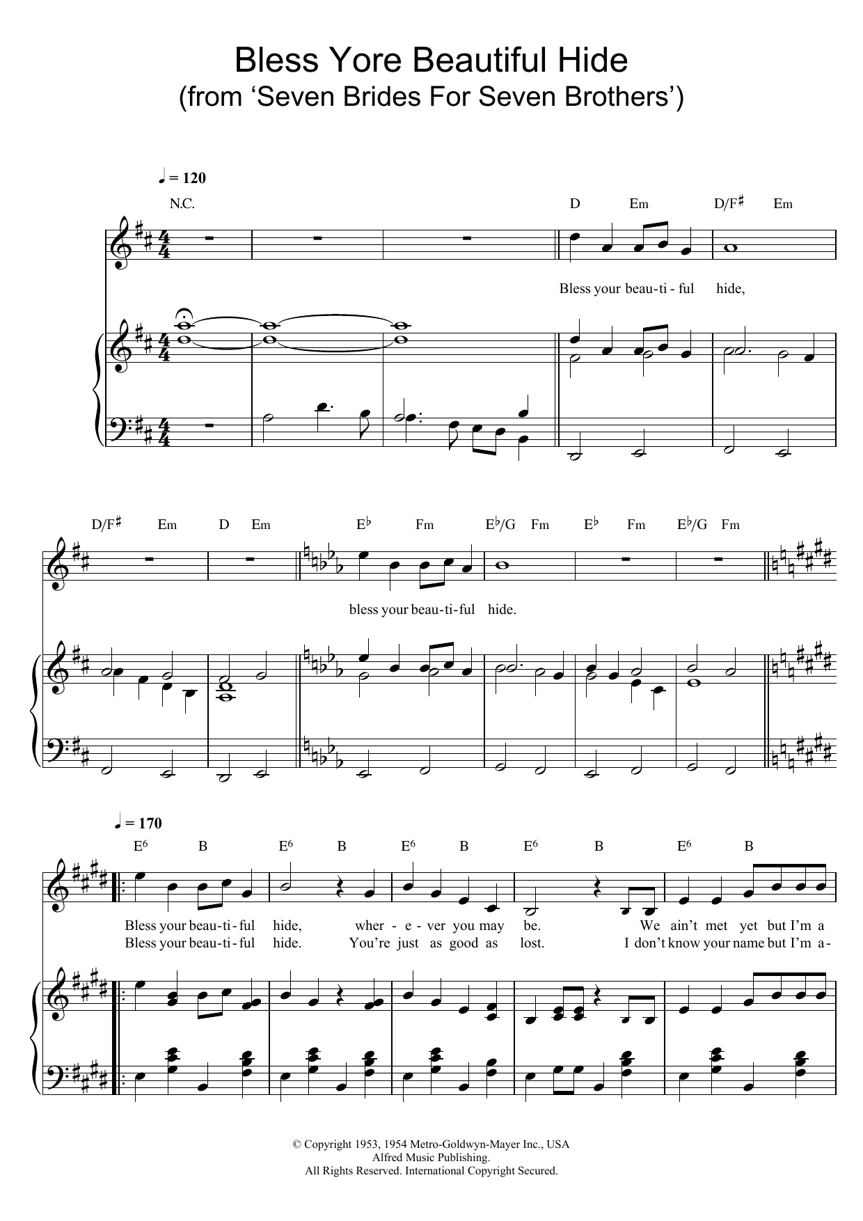 Johnny Mercer Bless Yore Beautiful Hide (from 'Seven Brides For Seven Brothers') sheet music notes and chords arranged for Piano, Vocal & Guitar Chords