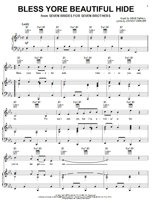 Johnny Mercer Bless Your Beautiful Hide sheet music notes and chords arranged for Piano, Vocal & Guitar Chords (Right-Hand Melody)